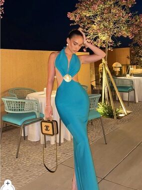 Fashion Nova Teal Halter Backless Gown with Gold Medallion